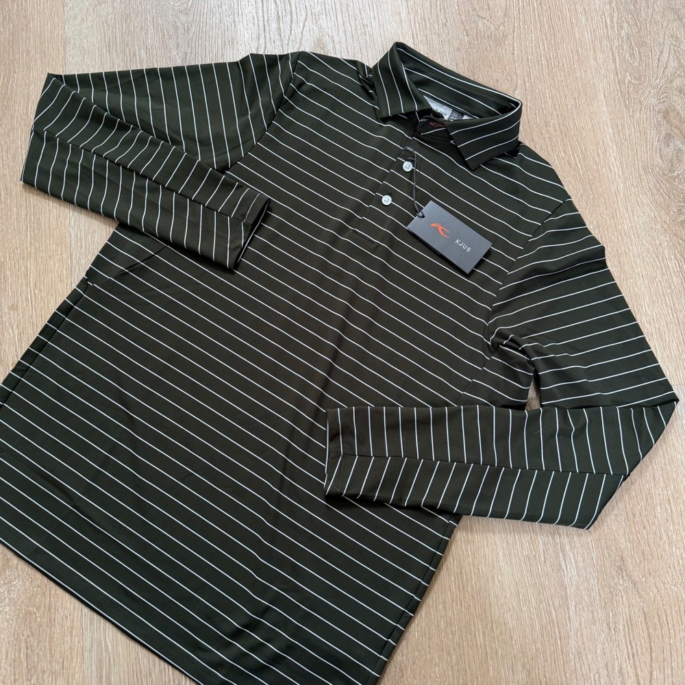 KJUS Soren Mel Polo LS Men 48 S Olive Green Striped Golf Shirt Performance NWT